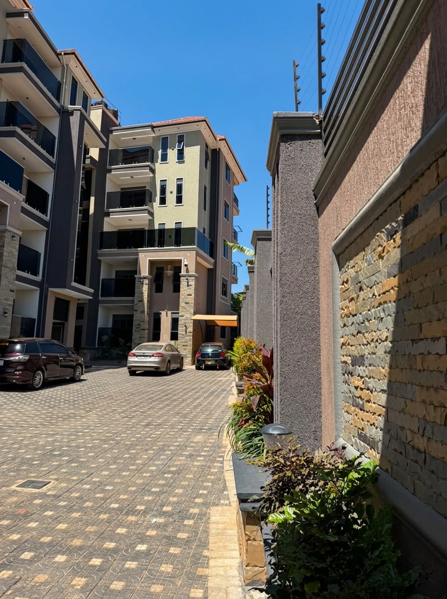 Secure paved apartment courtyard with landscaped boundary