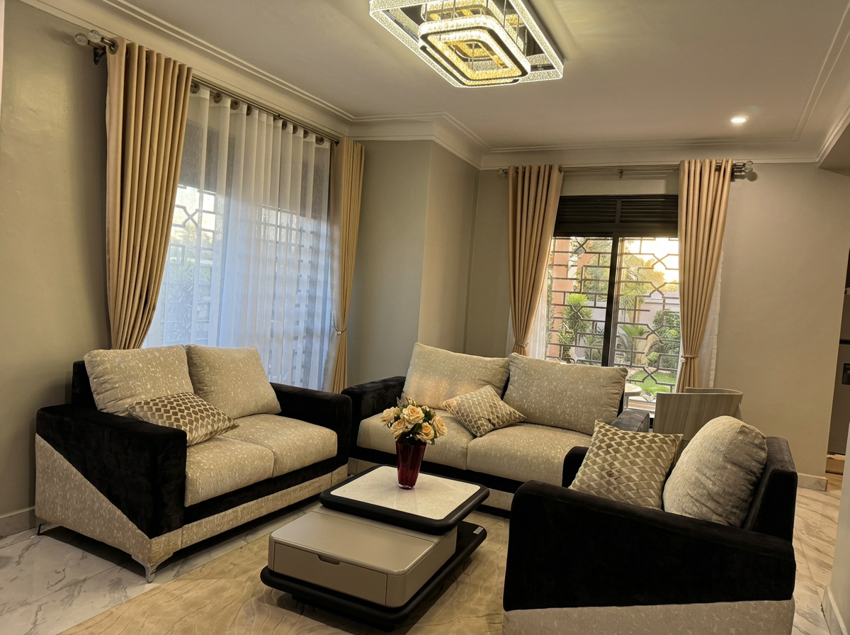 Comfortable lounge with coordinated seating and chandelier